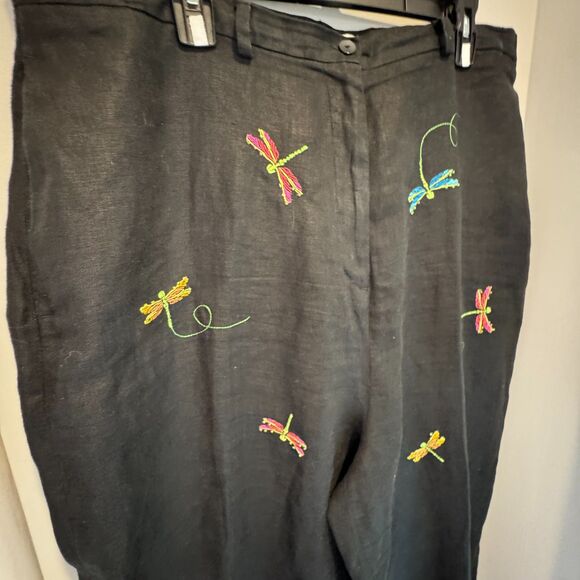 Sarah Spencer18W Black 100% Linen Pants | Embroidered Dragonflies | Plus | Good - Picture 2 of 10